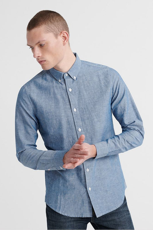 Superdry Mens Edit Linen Button Down Long Sleeve Shirt in Blue