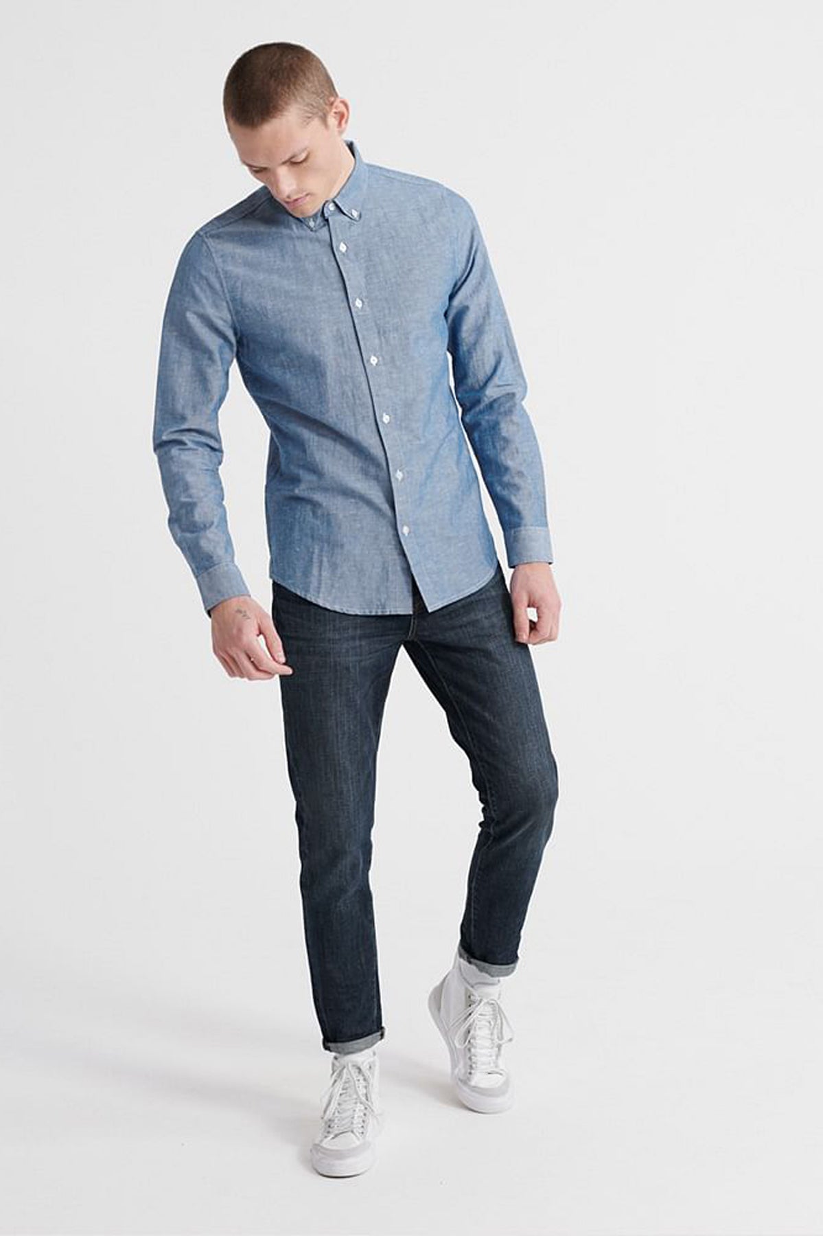 Superdry Mens Edit Linen Button Down Long Sleeve Shirt in Blue