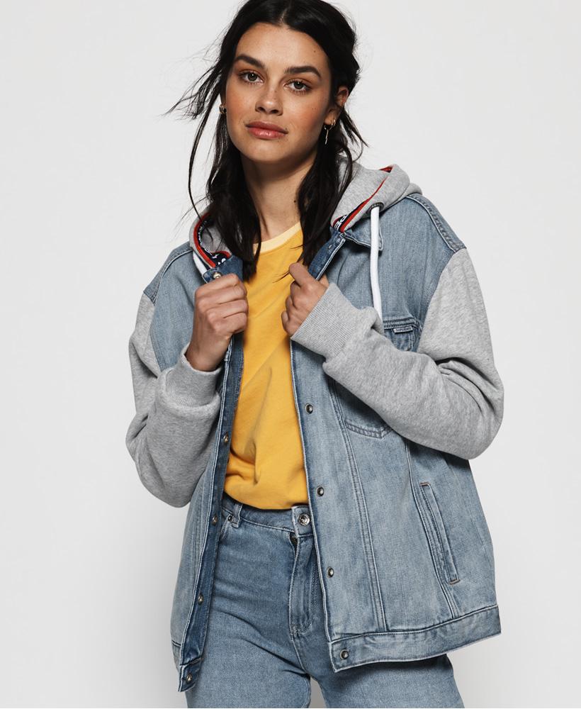 Womens denim jacket with grey sleeves and discount hood