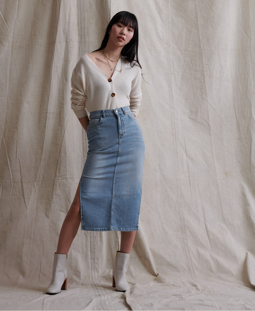 Denim split 2024 midi skirt